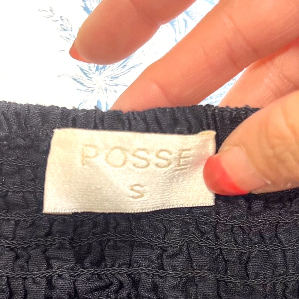 Posse Womens SMALL Black Linen Ivy Blouse Smocked Ruched Cropped Puff Sleeve - Picture 8 of 10